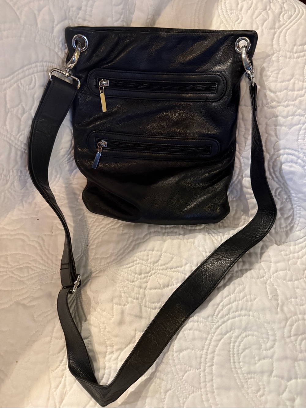 margot Black Leather Messenger Crossbody Bag